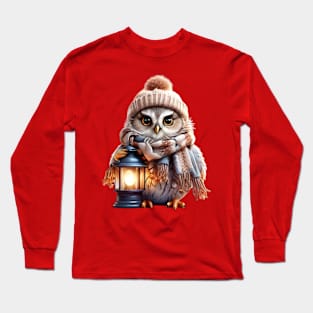 Winter Whimsy: Adorable Owl in Hat and Scarf Holding Lantern Long Sleeve T-Shirt